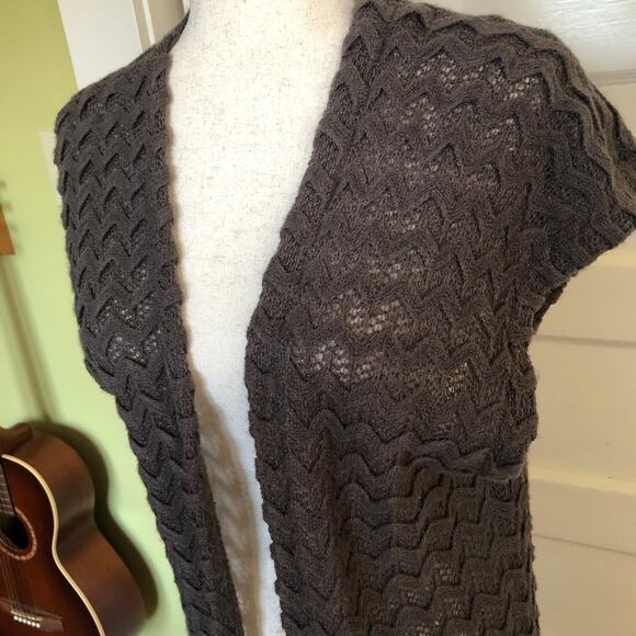 Open Front Chevron Knit Long Cardigan Duster Brown Fringe OS Y2K Boho Festival - Picture 2 of 9